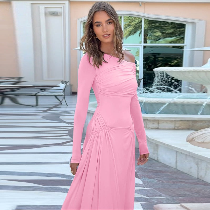 Elegant maxi dress for women with asymmetrical design and ruching Lune London