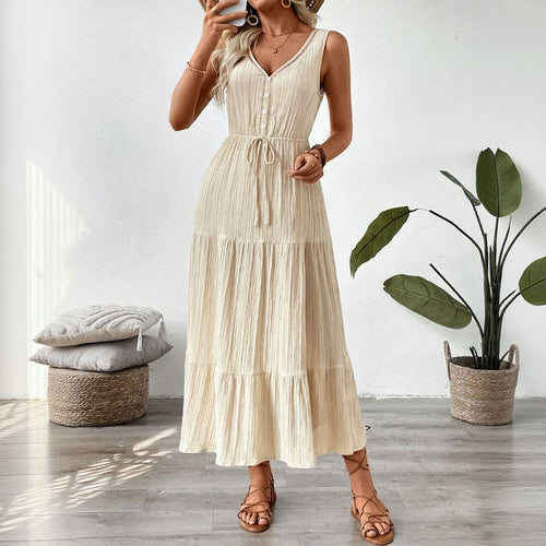 Women Adjustable Tied Belt Chic Layered Maxi Dress