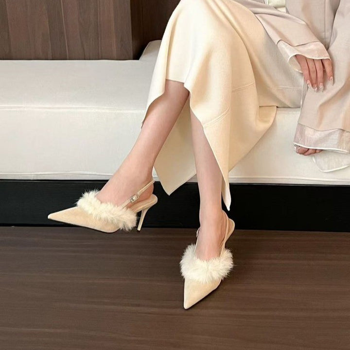 Ladies Slingback Pumps with luxurious fur trim and elegant pointed toe design Lune London