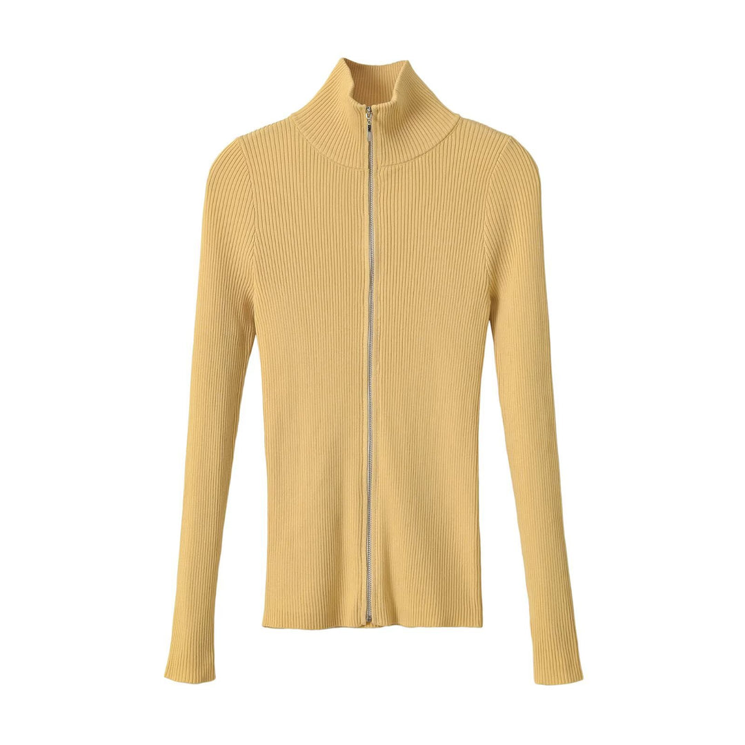 Women's Ribbed Fine Knit Cardigan with Full Zip and Stand-Up Collar Amarae