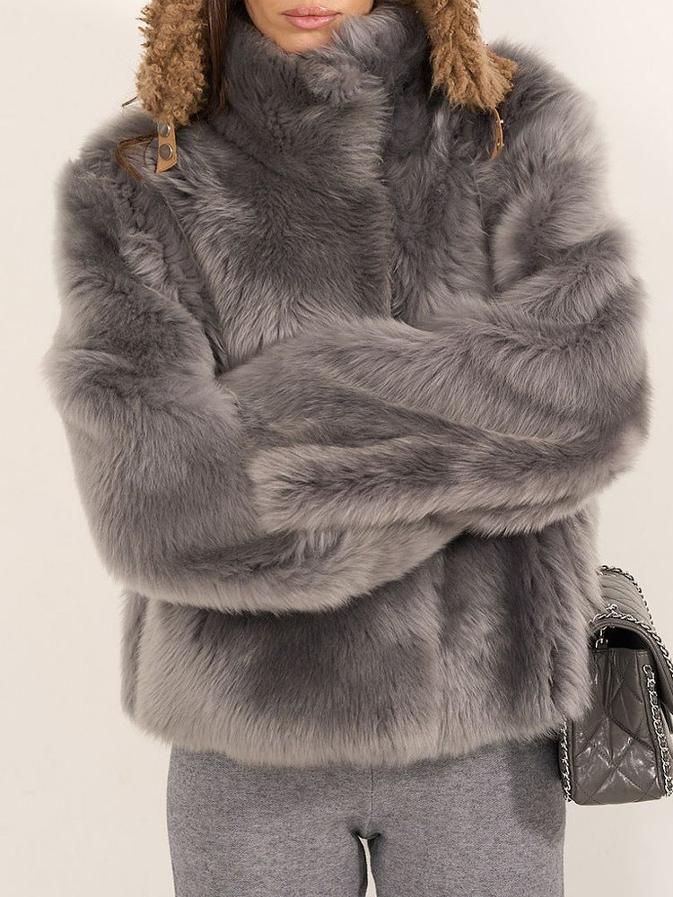 Ladies faux fur coat with high collar and luxurious design Lune London