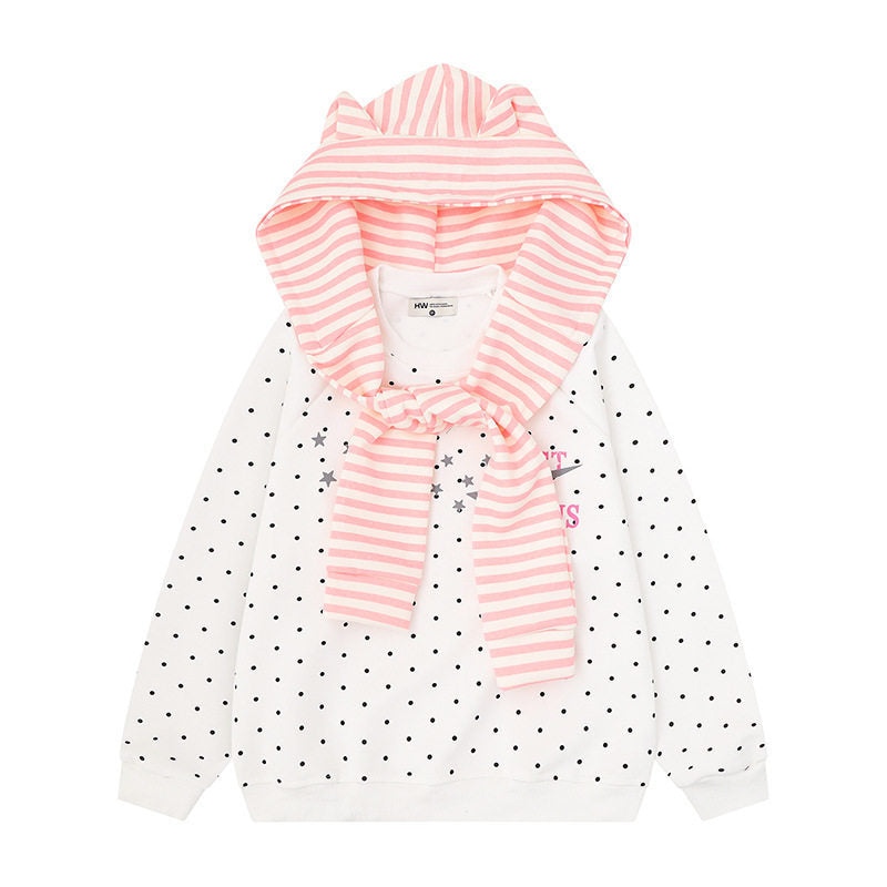 Women's Polka Dot Sweatshirt with Attached Striped Hood-Scarf and Star Appliqué Amarae