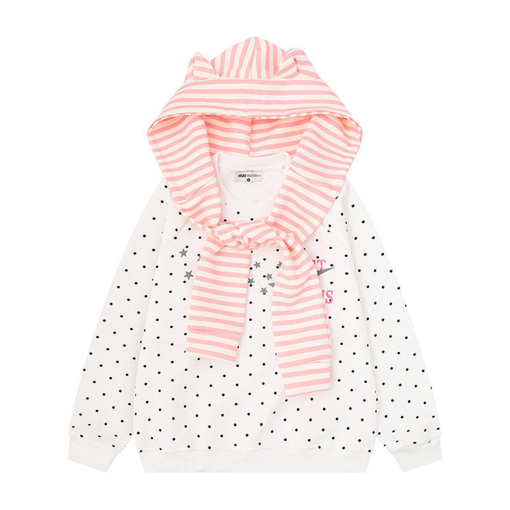 Women's Polka Dot Sweatshirt with Attached Striped Hood-Scarf and Star Appliqué Amarae