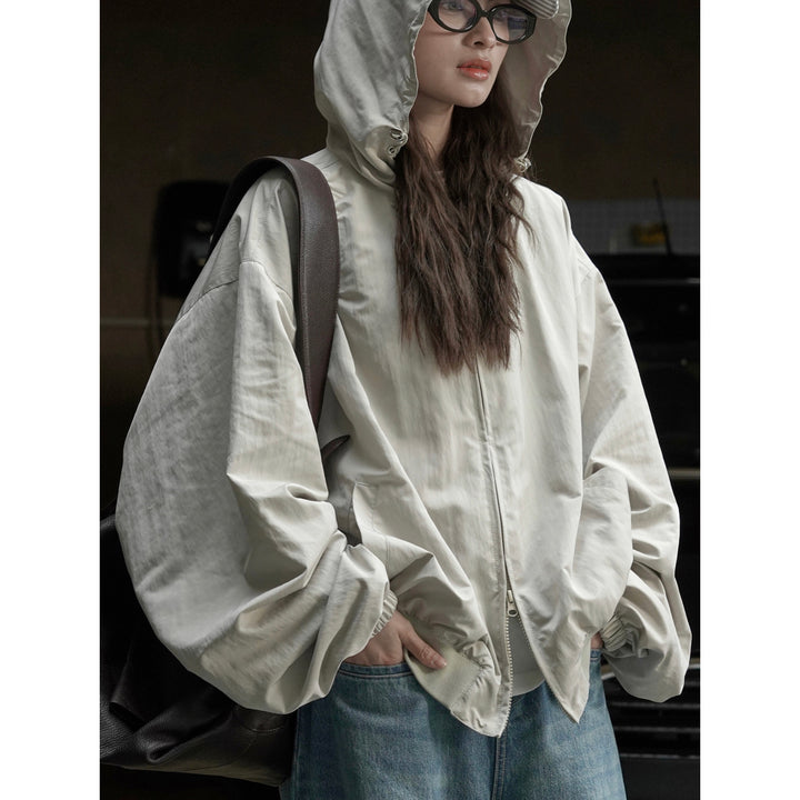 Women's Lightweight Oversized Windbreaker Bomber with Drawstring Hood and Ribbed Hem Amarae
