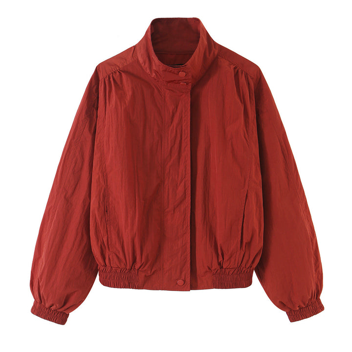 Women's Lightweight Cropped Bomber Jacket with Stand Collar, Elastic Hem and Snap Button Placket Amarae