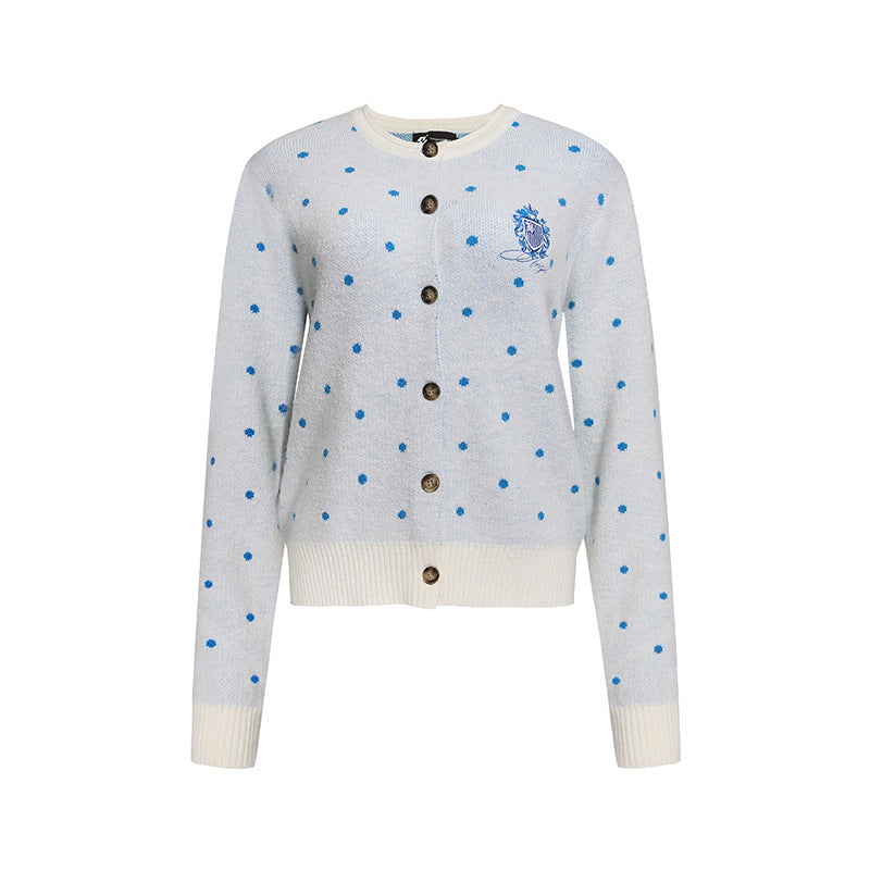 Women's knit cardigan with round neck, polka dot jacquard and decorative badge Amarae