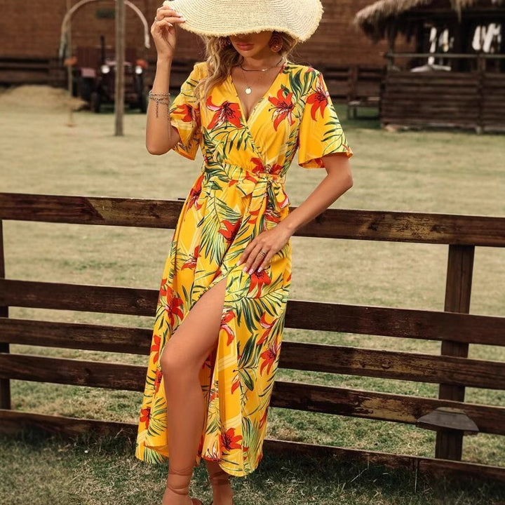 Maxi wrap dress for women with floral print and high slit Lune London