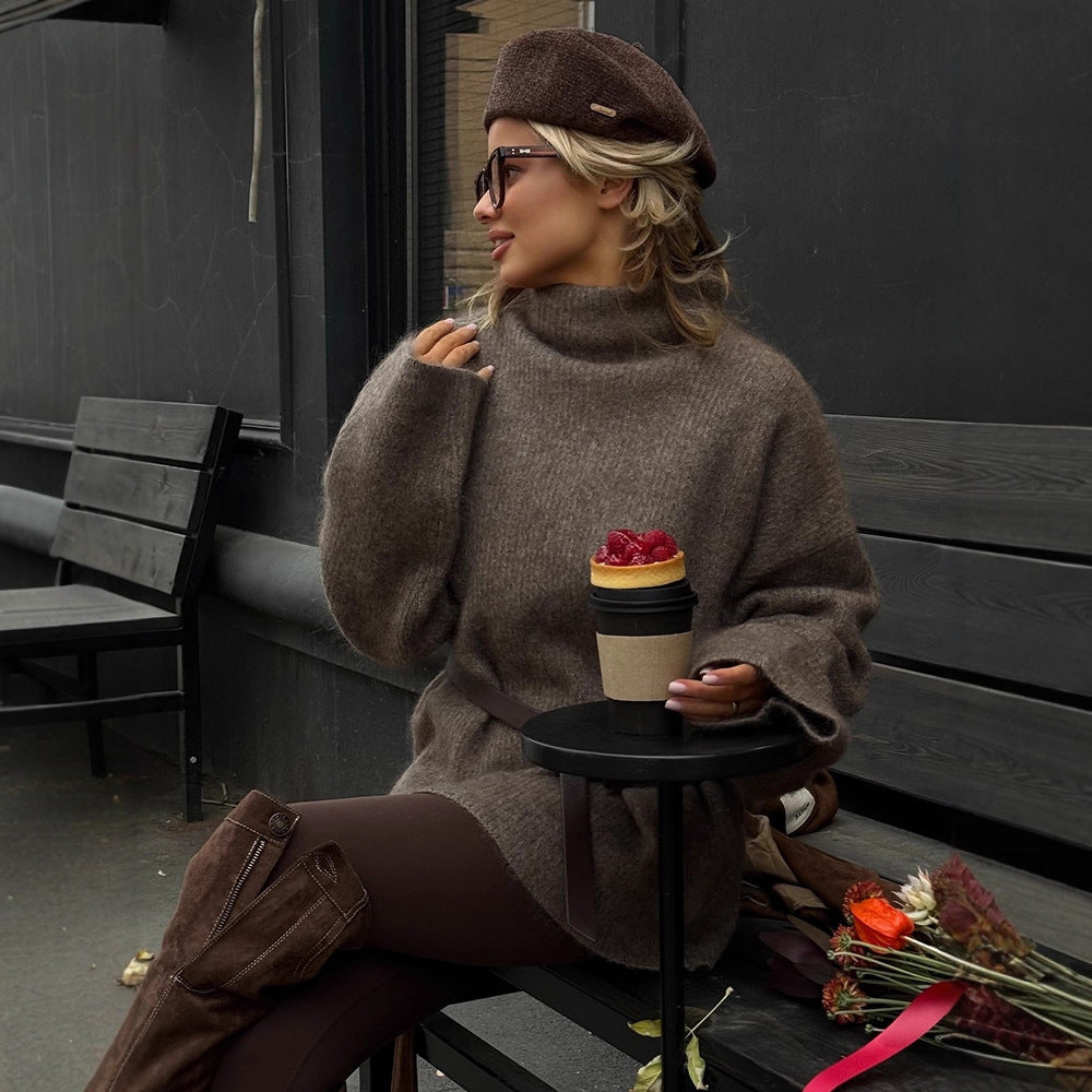 Women Oversize Mohair-Mix Roll-neck Sweater Dress with Balloon Sleeves and Waist Belt Amarae
