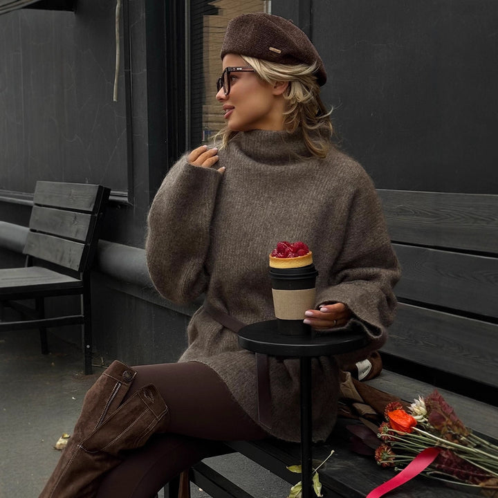 Women Oversize Mohair-Mix Roll-neck Sweater Dress with Balloon Sleeves and Waist Belt Amarae