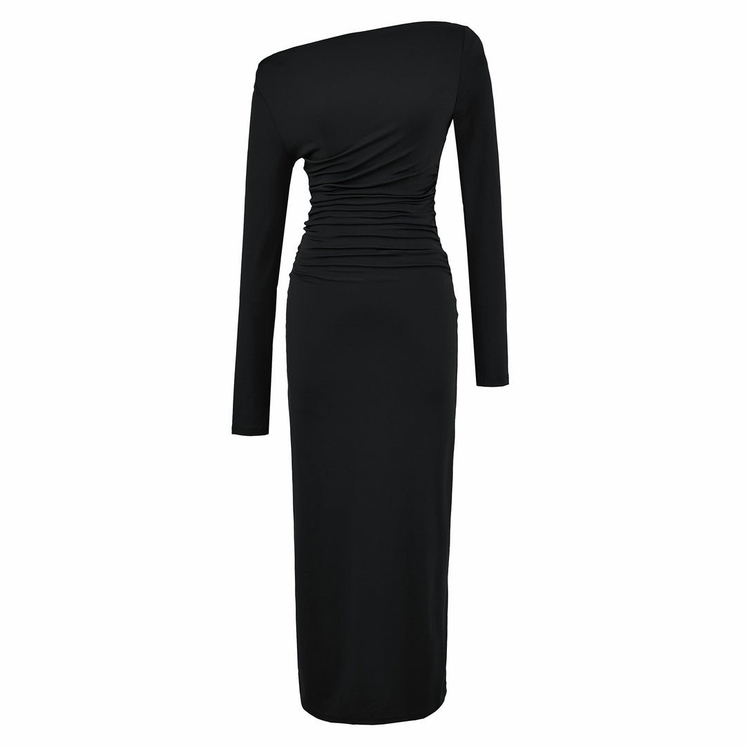 Women One-Shoulder Midi Dress with Long Sleeve and Side Gathering Amarae