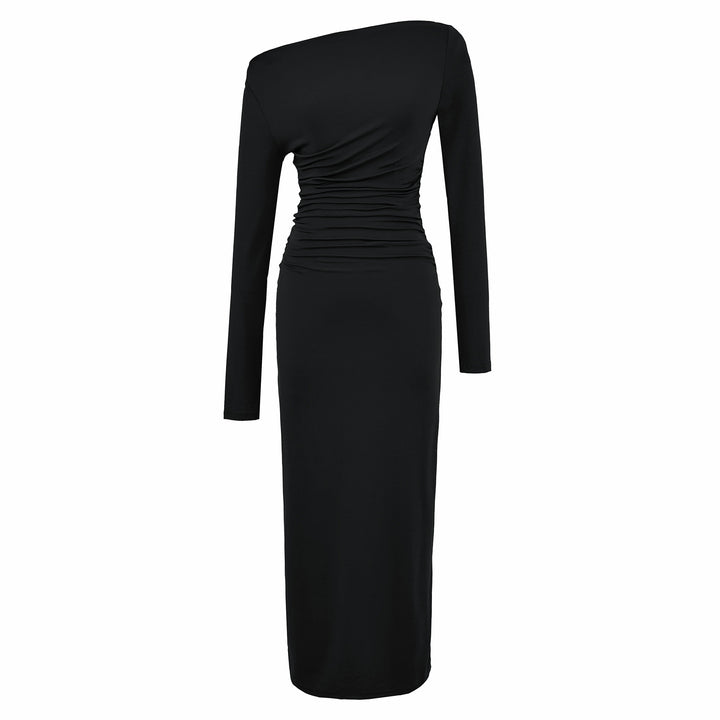 Women One-Shoulder Midi Dress with Long Sleeve and Side Gathering Amarae