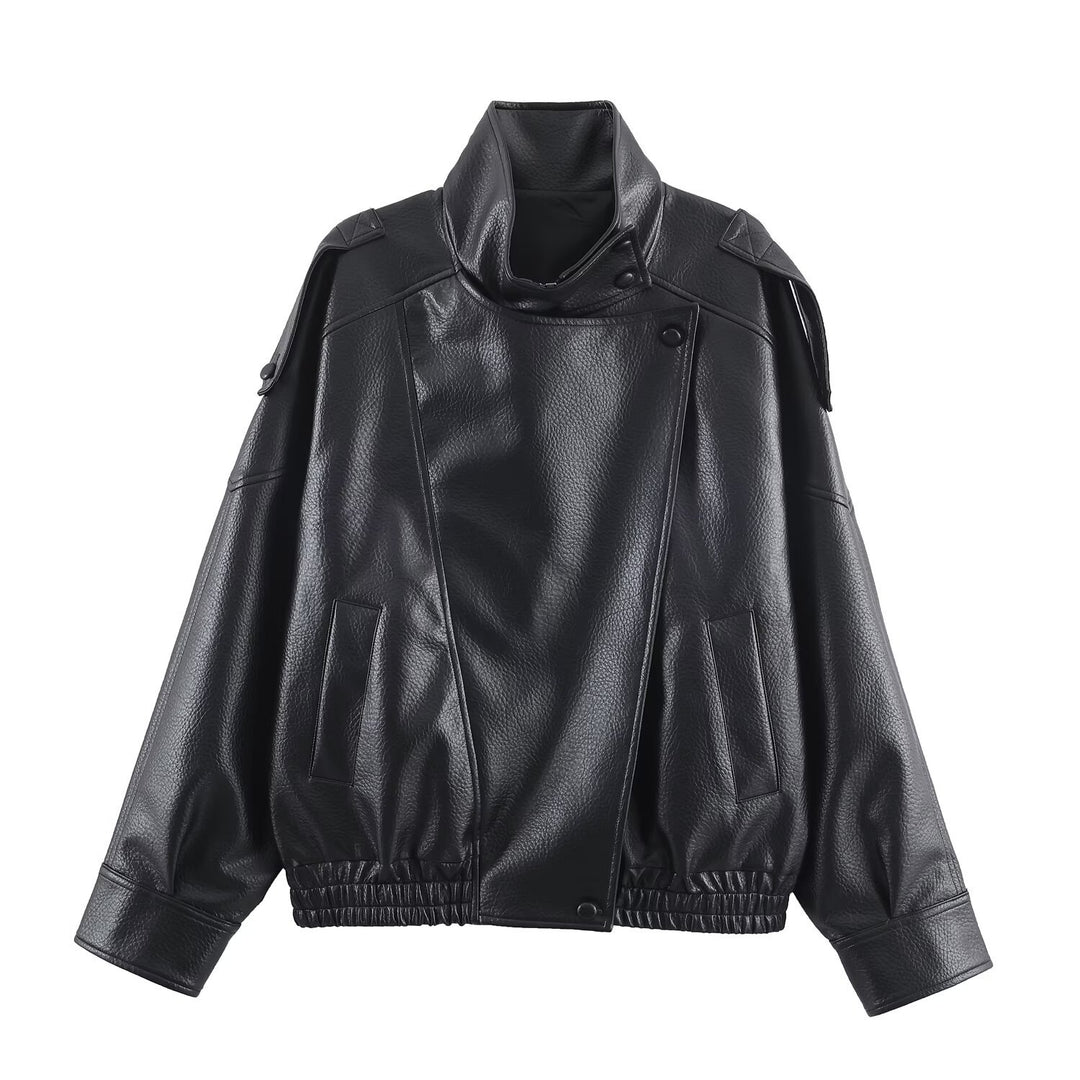 Synthetic leather jacket for women with a modern design featuring a high collar and practical pockets Lune London