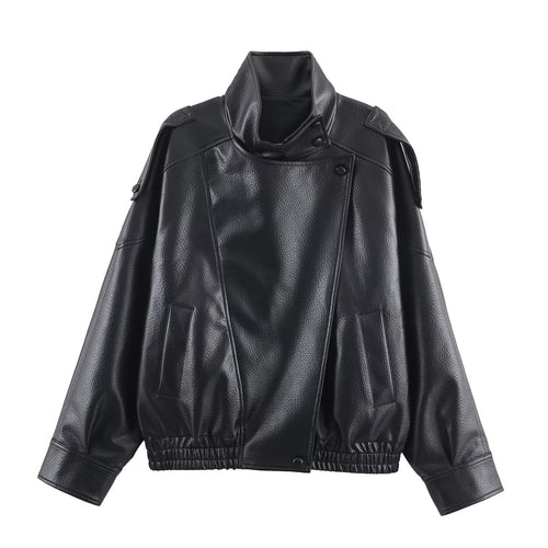 Synthetic leather jacket for women with a modern design featuring a high collar and practical pockets Amarae