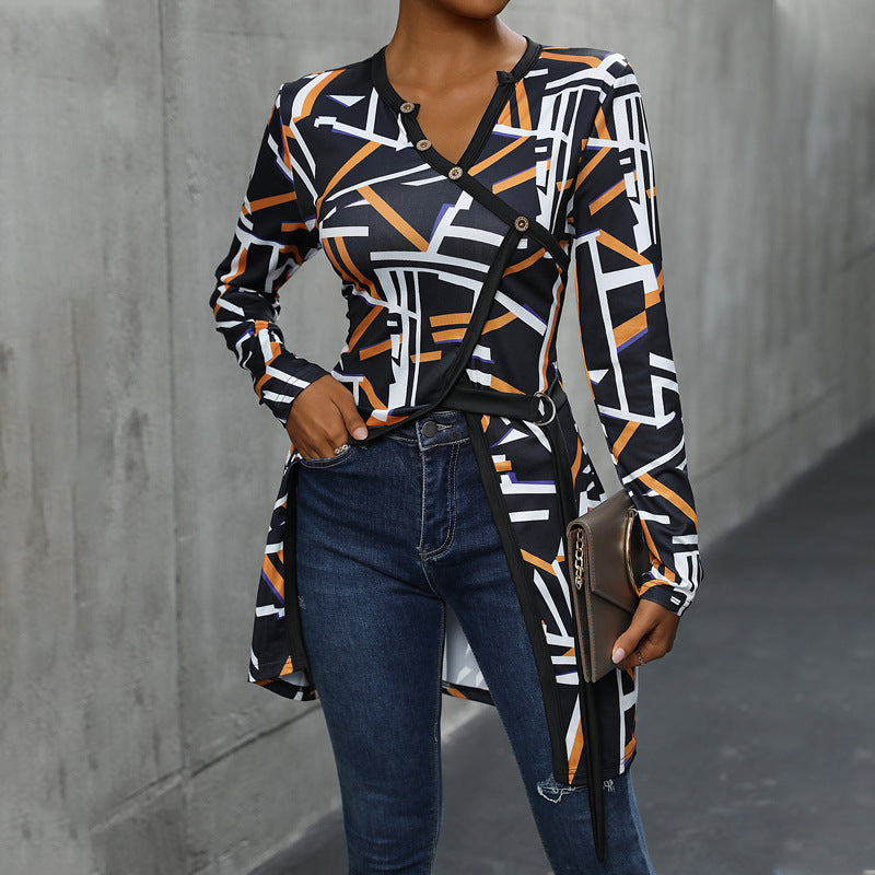 Long blouse with sleeves for women with geometric design and buttoned plastron Lune London