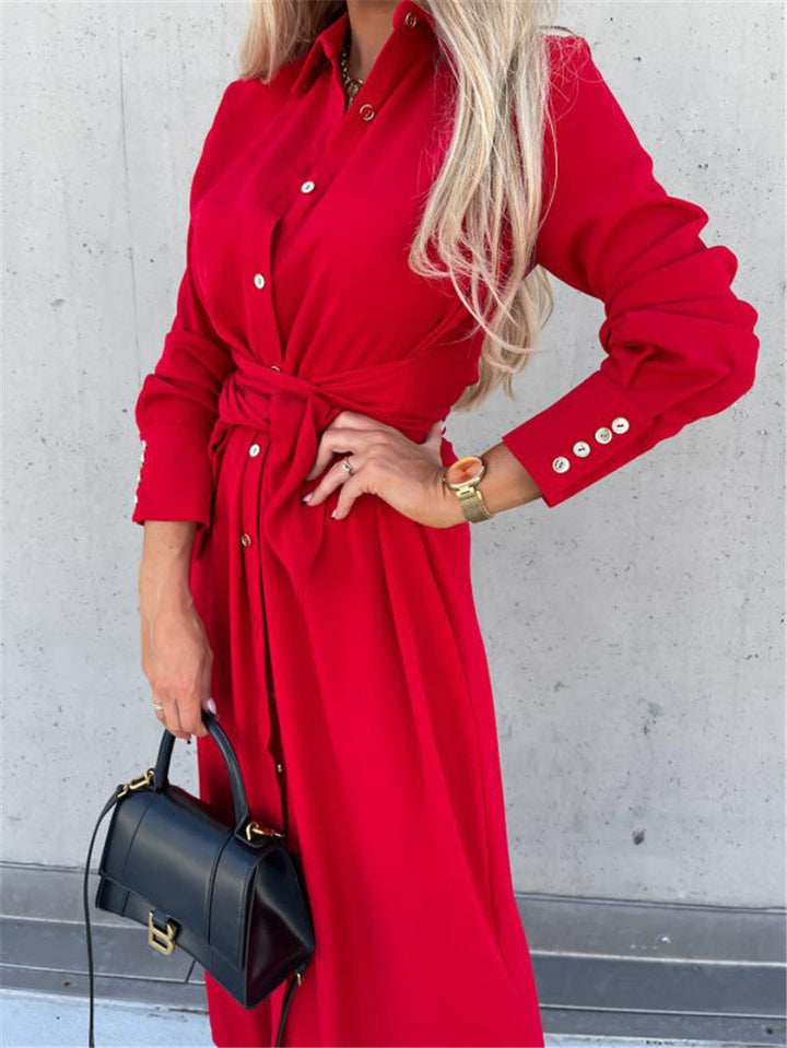 Shirt dress for women with a belt at the waist and long slit Lune London