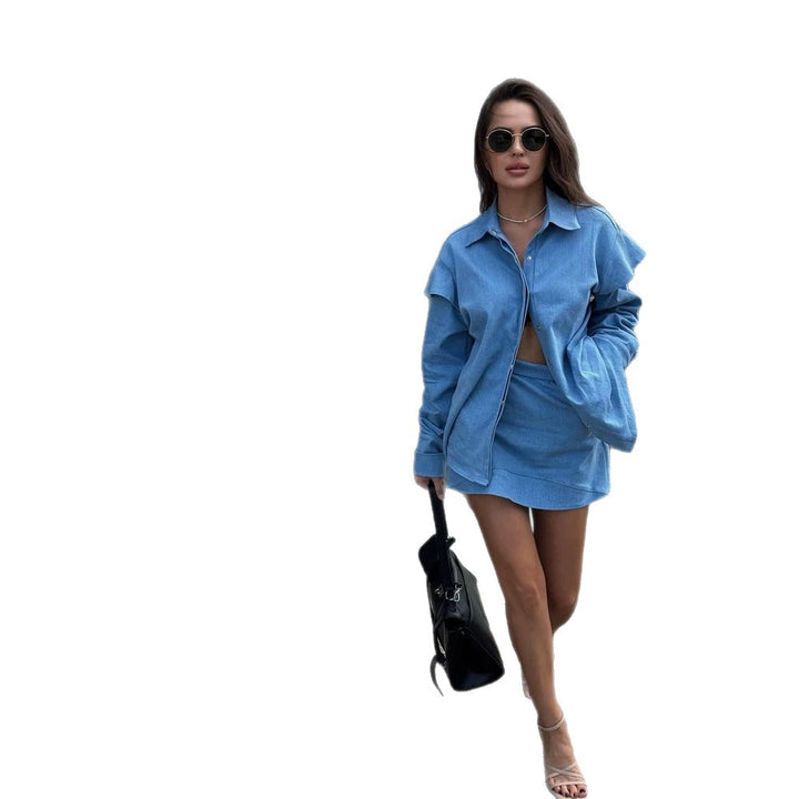 Women Two-Piece Denim Set with Oversized Shirt Jacket and Mini Skirt Amarae