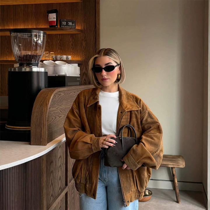 Ladies Oversize Suede Bomber Jacket with Elastic Hem Amarae