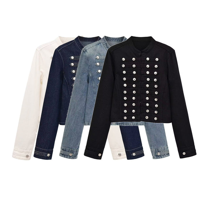 Women's military-style jeans jacket with stand-up collar and decorative button plackets Amarae