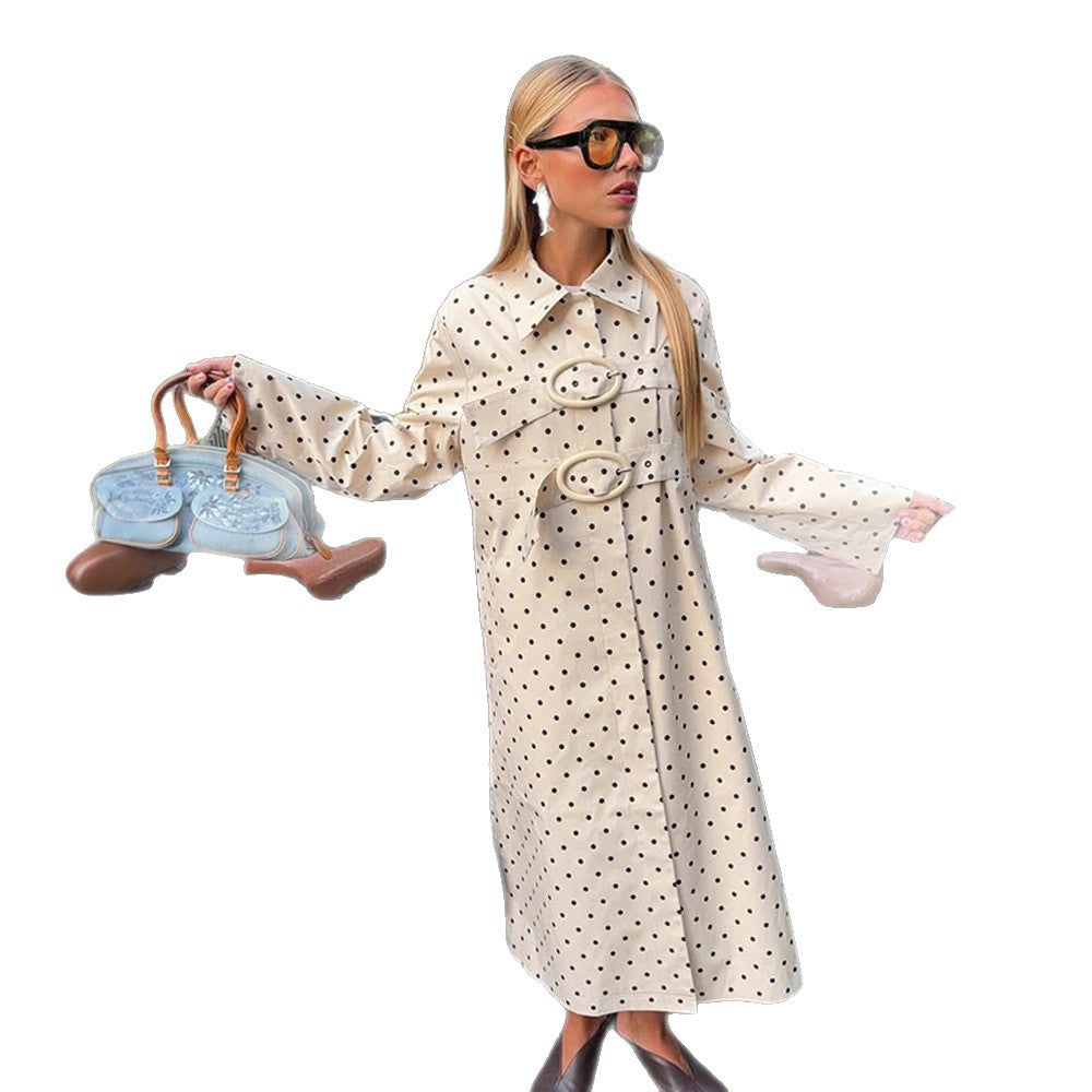 Women's long cut polka dot trench coat with oversized embellishments and boxy cut Amarae