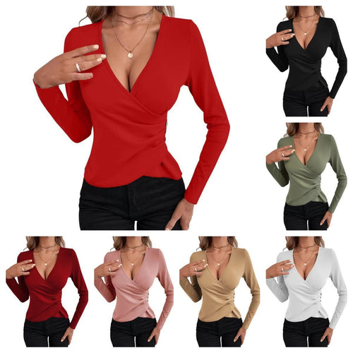 Wrap shirt for ladies with button details and plunging V-neck Amarae