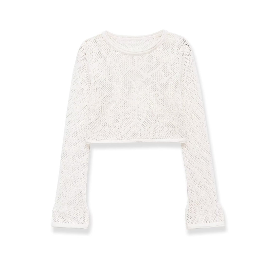 Women's Short Cut Lace Knit Crop Top with Round Neckline and Slightly Flared Sleeves Amarae