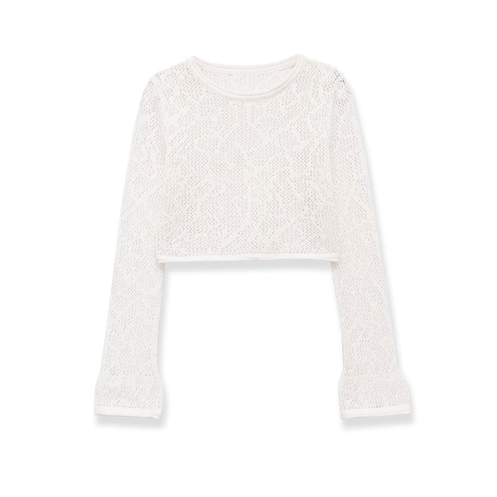 Women's Short Cut Lace Knit Crop Top with Round Neckline and Slightly Flared Sleeves Amarae