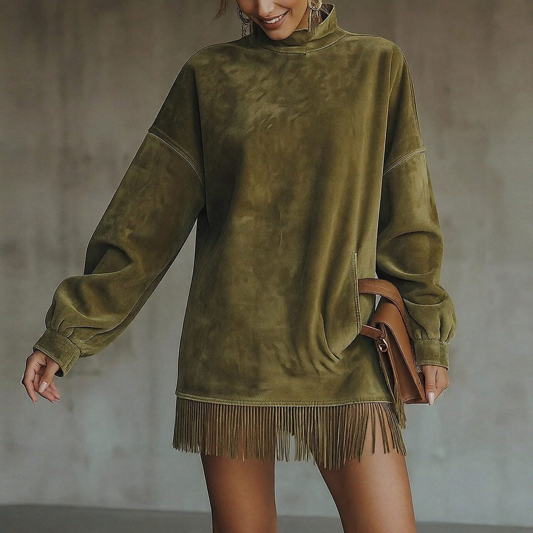 Robe de sweat décontractée pour femmes avec des franges et un col haut Chic & Stil