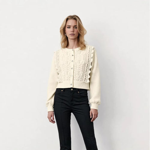 Knitted jacket for women with delicate crochet accents and a chic button placket