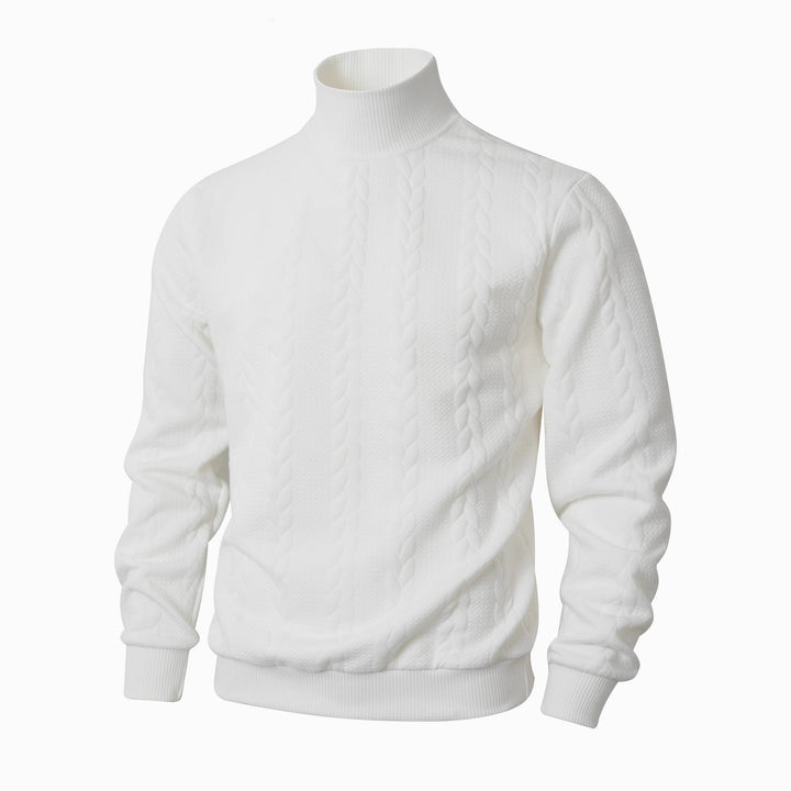 Knit sweater for men with high collar and innovative cable details Lune London