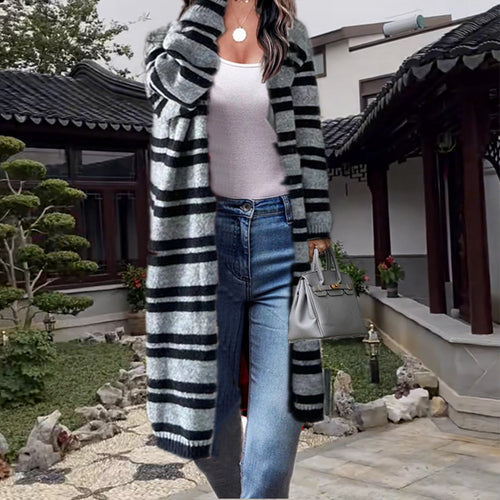 Ladies long knitted cardigan with striped design and open front Amarael