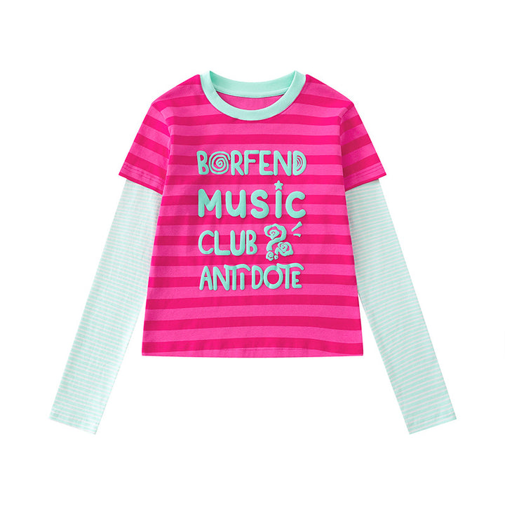 Women's Layered Long Sleeve Shirt in Layer Look with Contrasting Striped Sleeves and Typographic Print Amarae