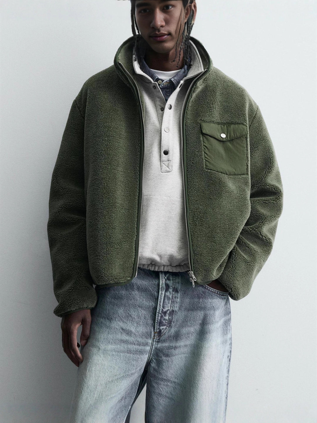 Men's Fleece Jacket with Stand-Up Collar, Two-Way Zipper and Flap Pocket Amarae