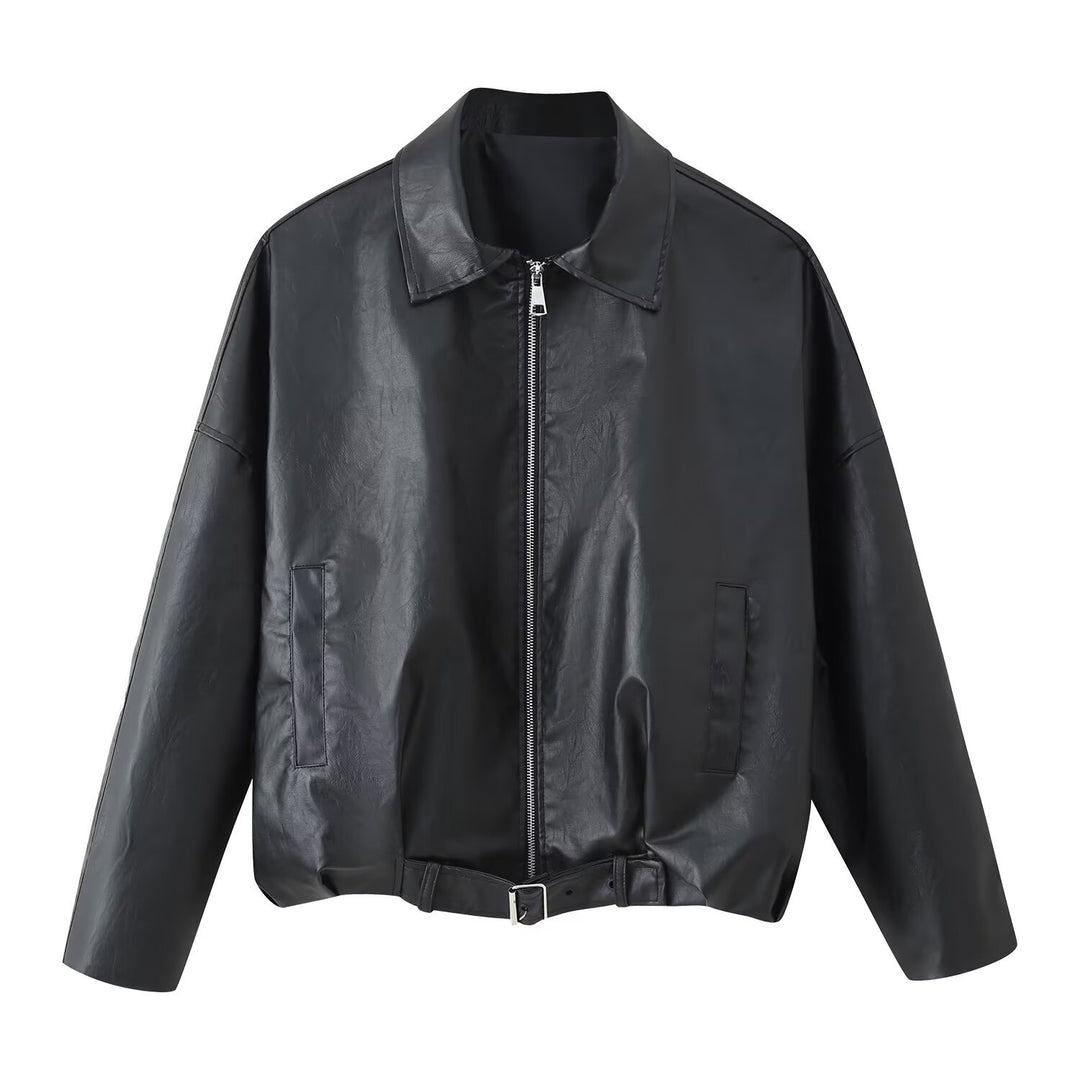 Fashionable synthetic leather jacket for ladies with a belt at the waist Lune London