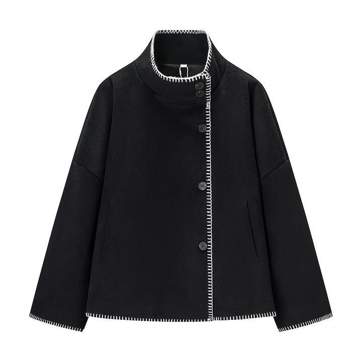 Women's short cape coat with stand collar, contrasting decorative stitch edge, and oversized sleeves Amarae