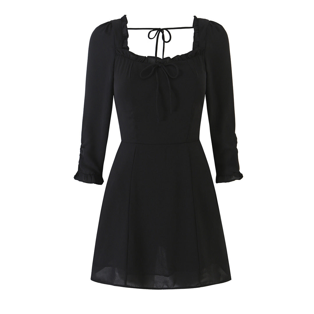 Women's A-line mini dress with ruffled square neckline, tailored silhouette, and tie straps Amarae