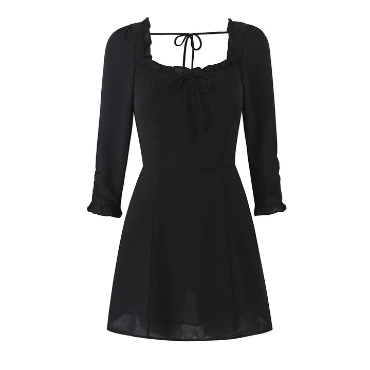 Women's A-line mini dress with ruffled square neckline, tailored silhouette, and tie straps Amarae