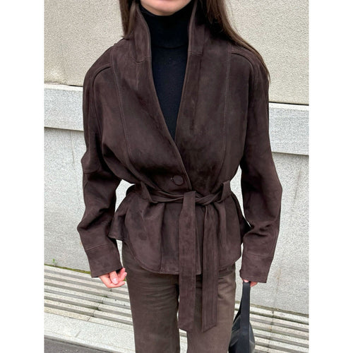Elegant and soft velvet jacket for women in blazer style with belt at the waist Amarae
