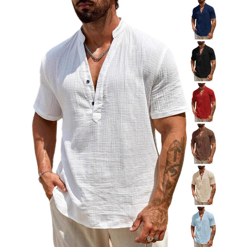 Men's short sleeve Henley shirt with modern stand-up collar in lightweight cotton material Amarae