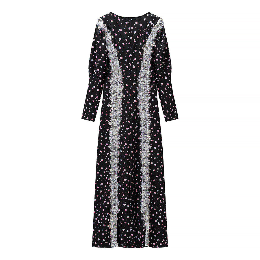 Ladies max dress with lace insert, long sleeves and floral all-over print Amarae