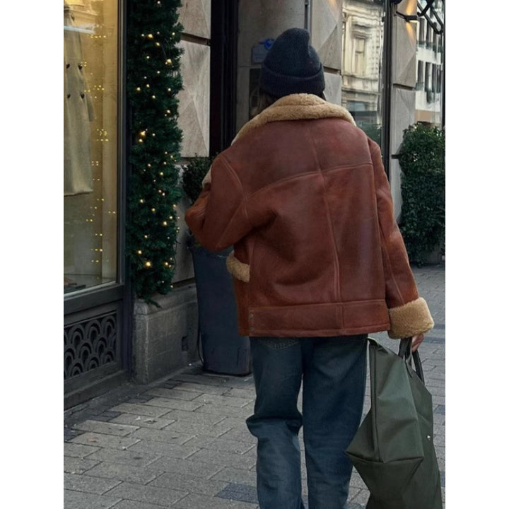 Women's Oversize Sheepskin-Look Aviator Jacket with Voluminous Shawl Collar Amarae