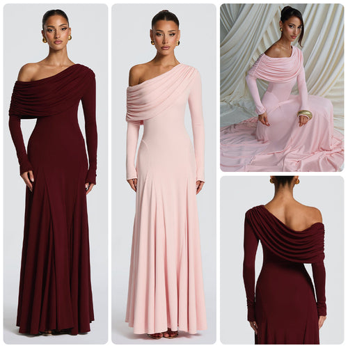Women Elegant Long Sleeve Maxi Dress with Asymmetrical Draping Detail Amarae