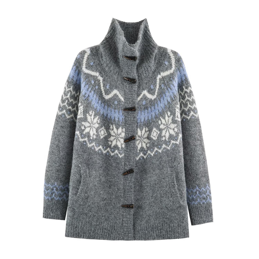 Women’s Norwegian cardigan with stand-up collar and wooden button closures Amarae