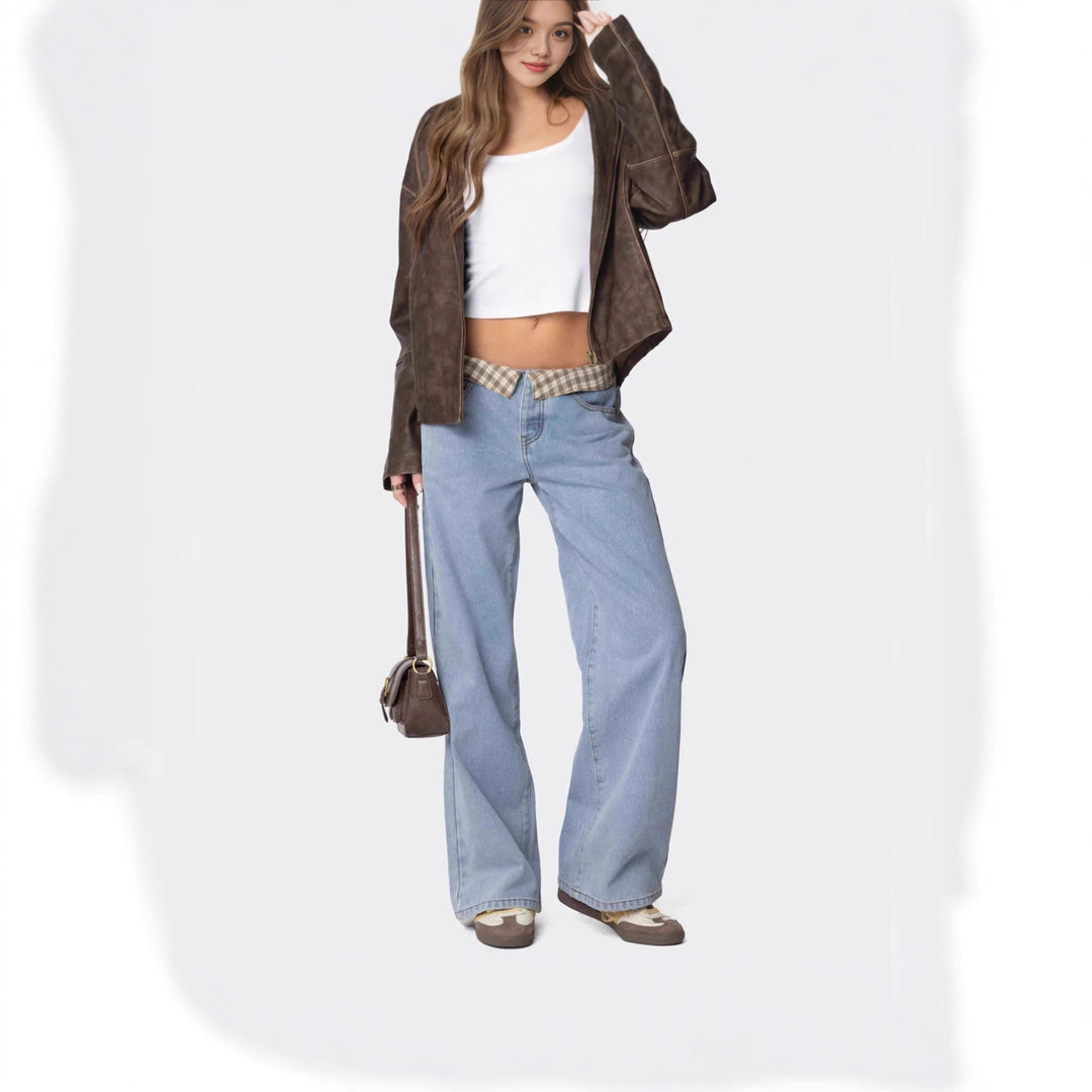 Ladies Wide Jeans with Checked Waist Lune London