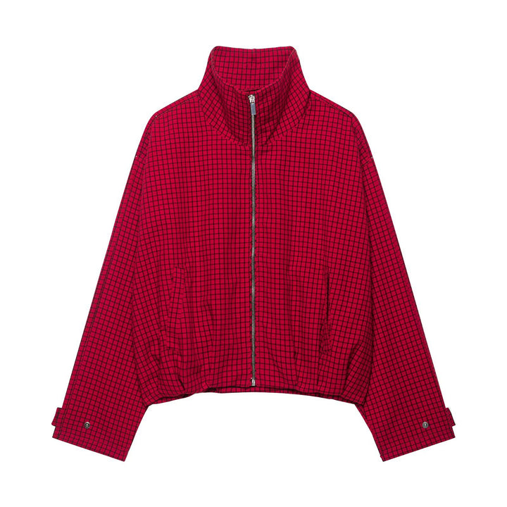 Women's Cropped Transition Jacket with High Funnel Collar, Check Pattern and Elastic Hem Amarae