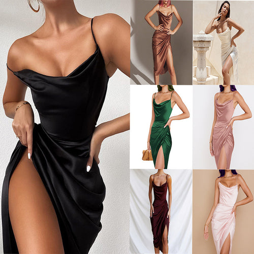Elegant and fitted satin cocktail dress for ladies with a high slit Amarae