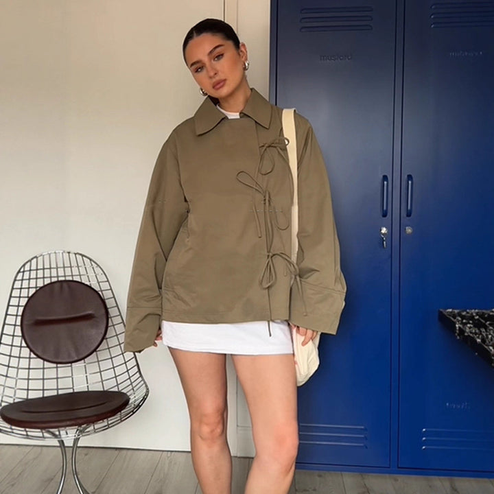 Women's Oversized Shirt Jacket with Decorative Knot Closures and Shirt Collar Amarae