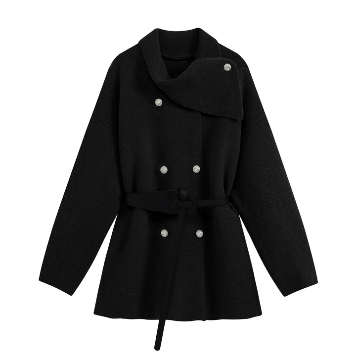 Women's Short Blouson Coat in Cocoon Cut with Asymmetrical Shawl Collar and Waist Belt Amarae