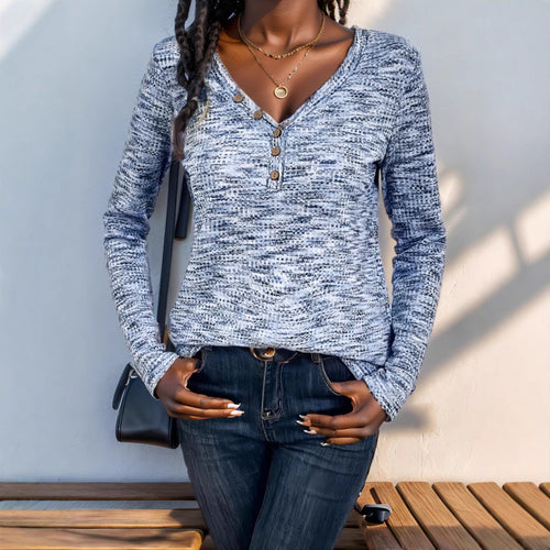 Casual waffle-textured top for women with decorative buttons Amarae