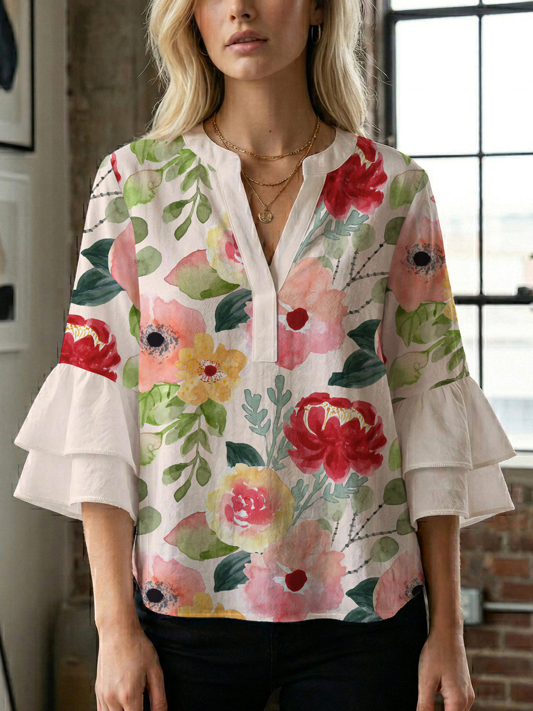 Ladies blouse with voluminous ruffled sleeves and floral print Lune London