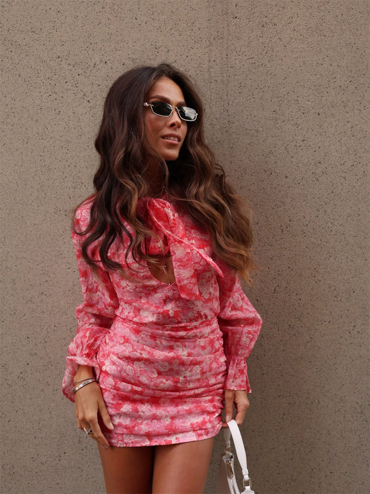 Women's Floral Ruched Mini Dress with Bow Neck Scarf, Cut-Out and Long Sleeves Amarae